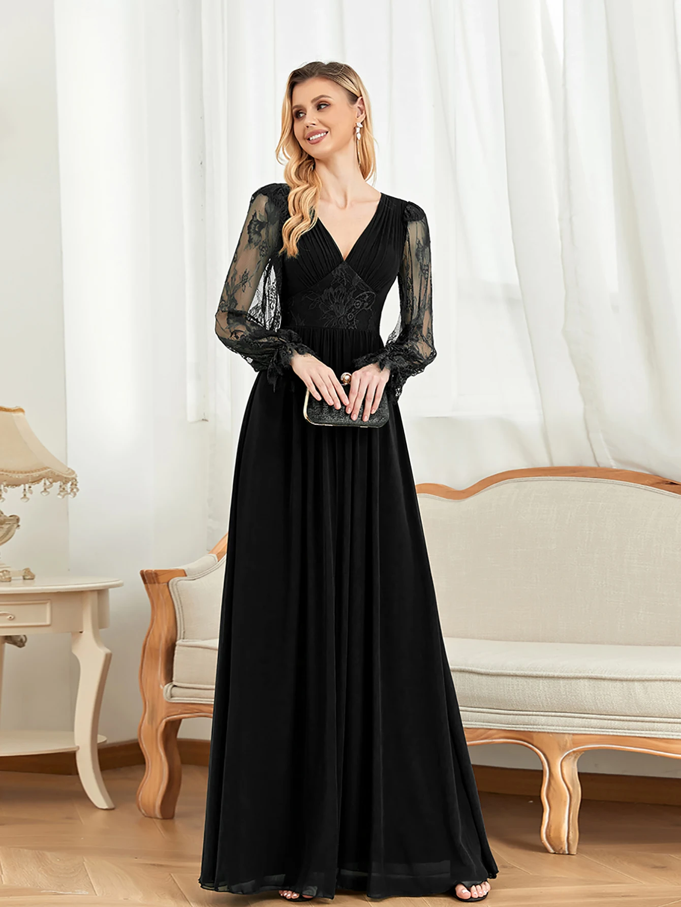 XUIBOL Elegant Long Sleeves Tulle Embroidery Evening Dress 2024 Women Chiffon Slit Bridesmaid Wedding Party Dress Formal Prom