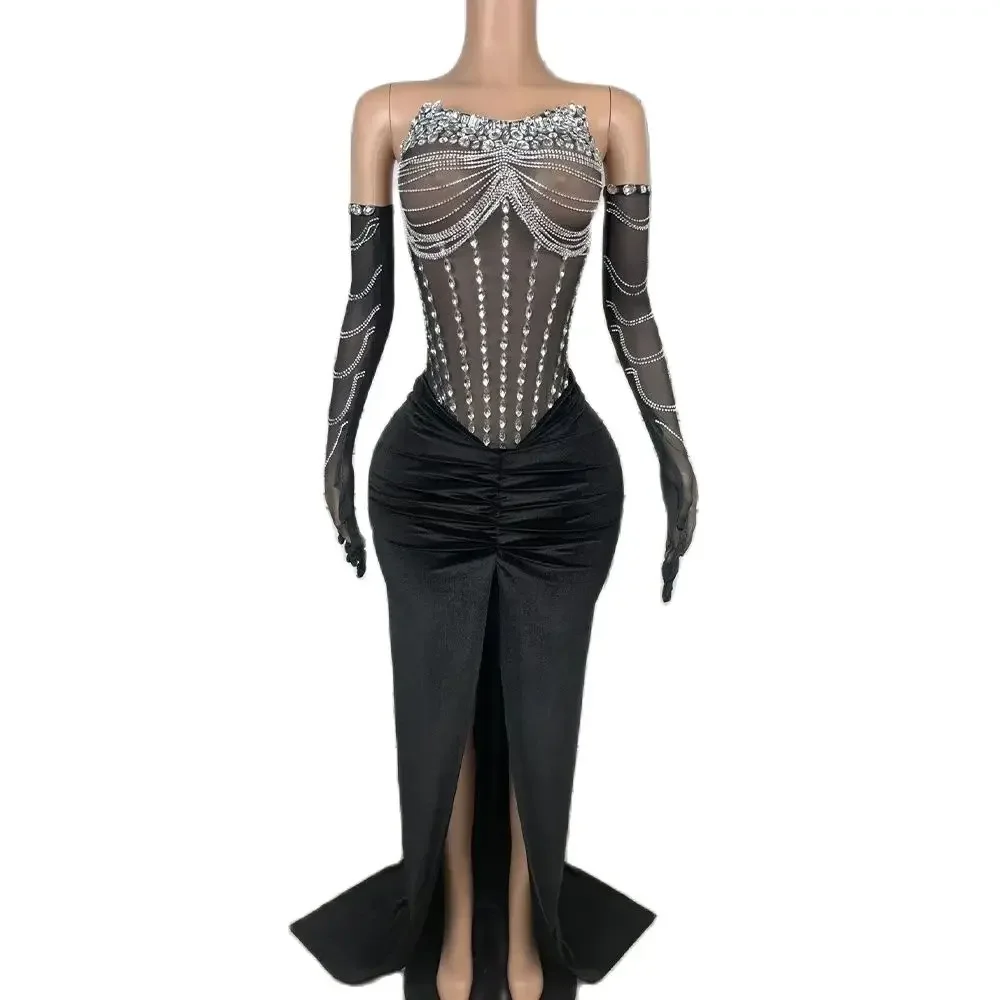 Sexy Stage Silver Rhinestones Black Velvet Split Gloves Dress Evening Long Train Costume Singer Single Shoulder Photoshoot Dress