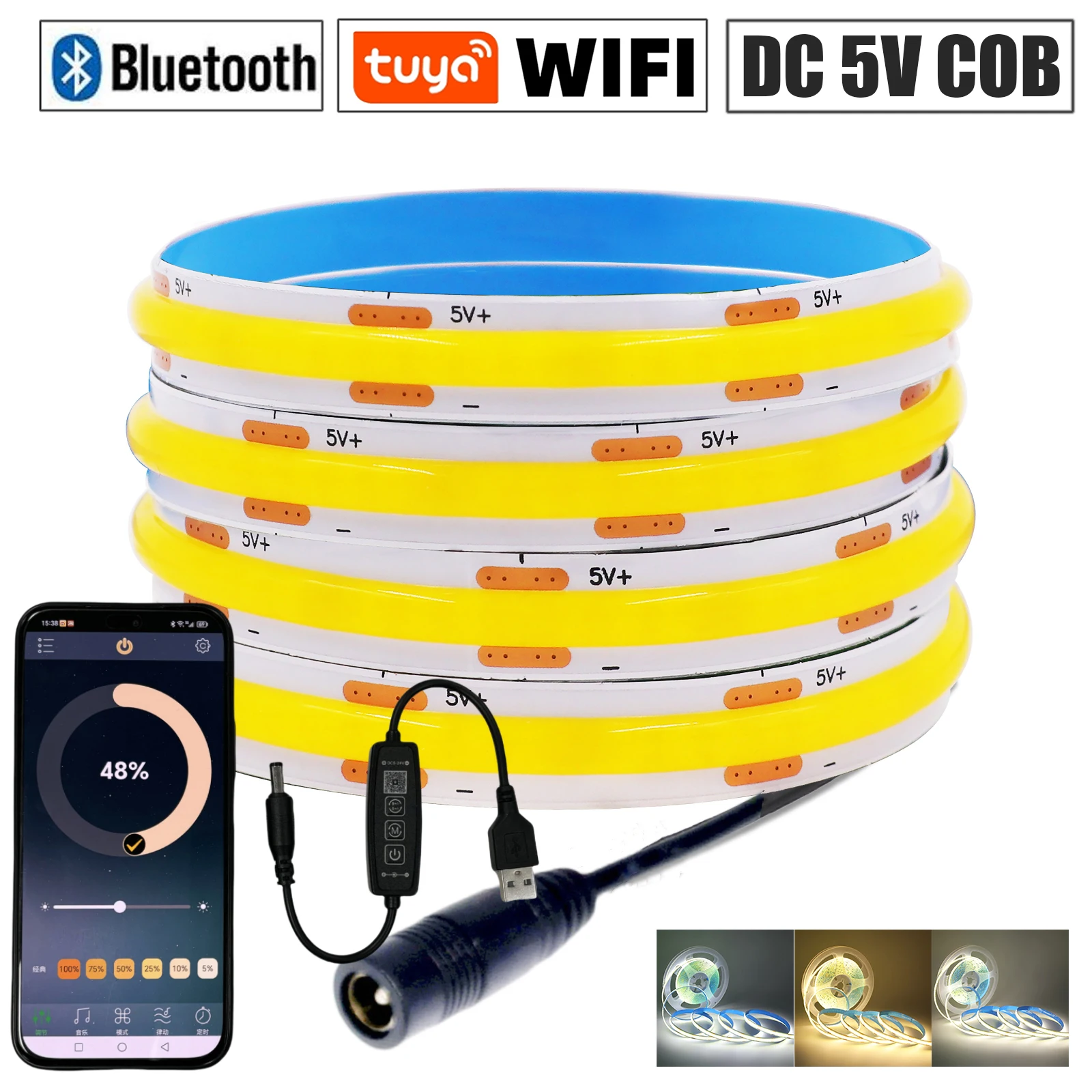 

DC 5V USB COB Strip Tuya WIFI /Bluetooth/17Key Remote Control 3000K 4000K 6000K White Flexible Ribbon Rope LED Cabinet Light