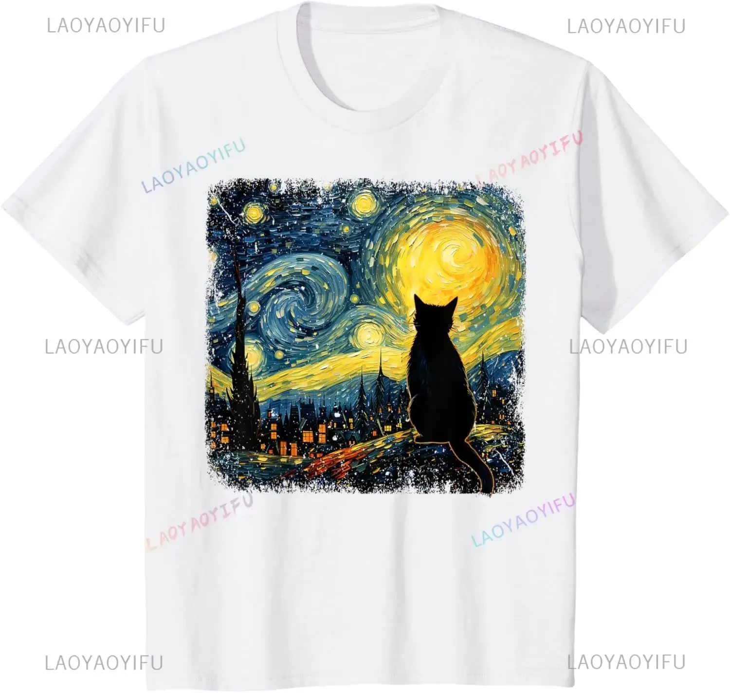 Cat Starry Night Van Gogh Cat for Cat Lover T-Shirt Casual Fashion Streetwear Loose Summer Style Man Tshirt Cute Aesthetics Tees