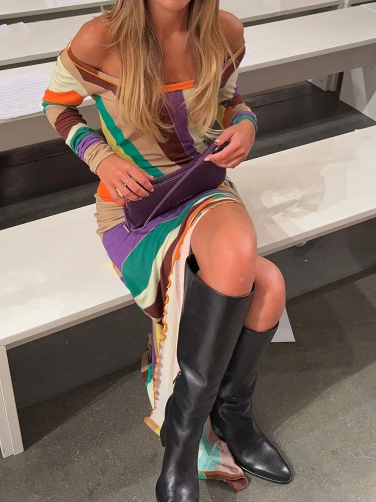 فستان ماكسي أنيق مطبوع برقبة دائرية، فستان حفلات أنيق بأكمام طويلة للربيع والخريف، فستان نسائي مثير بفتحة عالية للعطلات #5