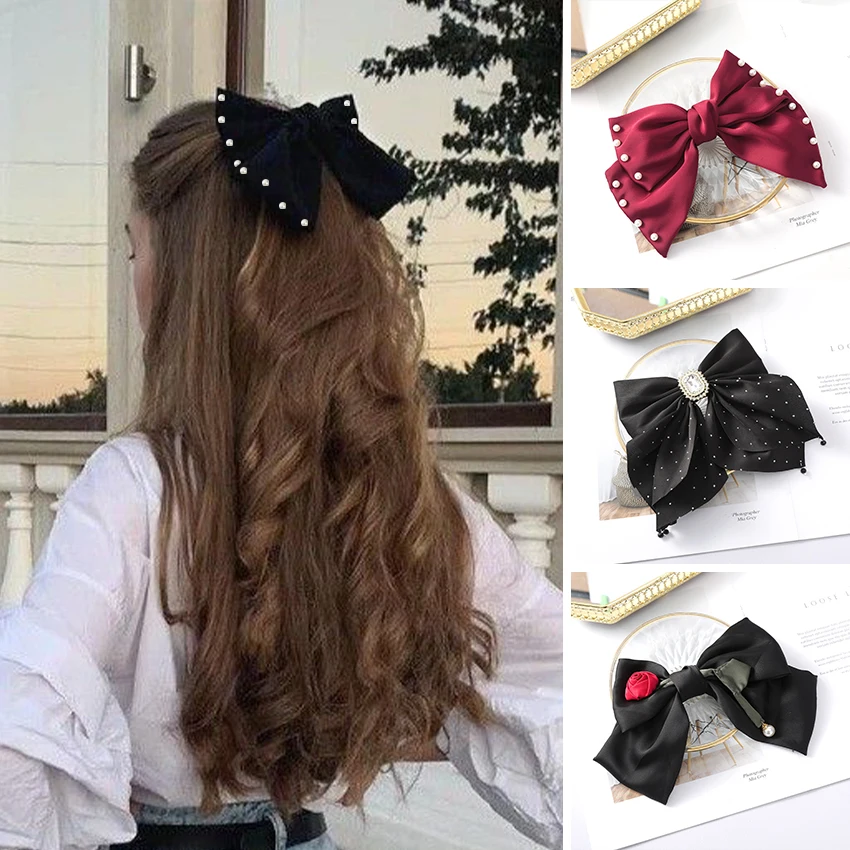 

Women's Satin Double Layer Bow Hair Clips Pearl Headdress Solid Color Hairpin Girls Ponytail Spring Clip Trendy Hair Accessories