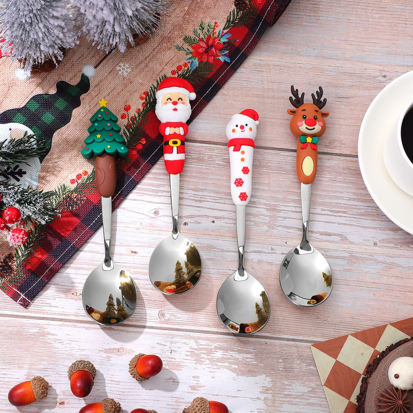 

4Pcs Christmas Elements Stainless Steel Cartoon Spoons Cute Coffee Tea Stirring Spoon Dessert Spoon Long Handle Multifunctional