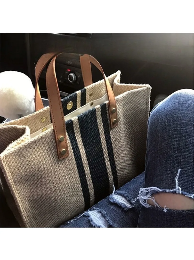 Ladies' briefcase professional commuting striped minimalist single-shoulder large bag INS large-capacity canvas bag