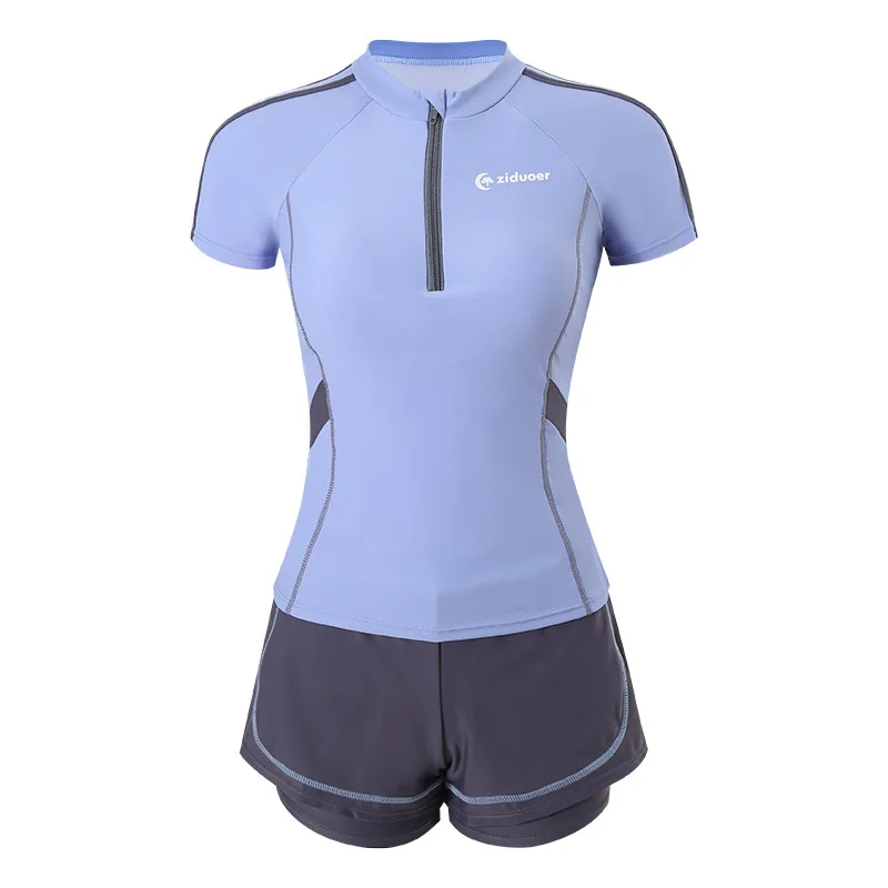 Women's Two-Piece Rash Guard Swimsuit with Boy Shorts Short Sleeve Zipper Design UV Protection Sun-Protective Bathing Swimwear