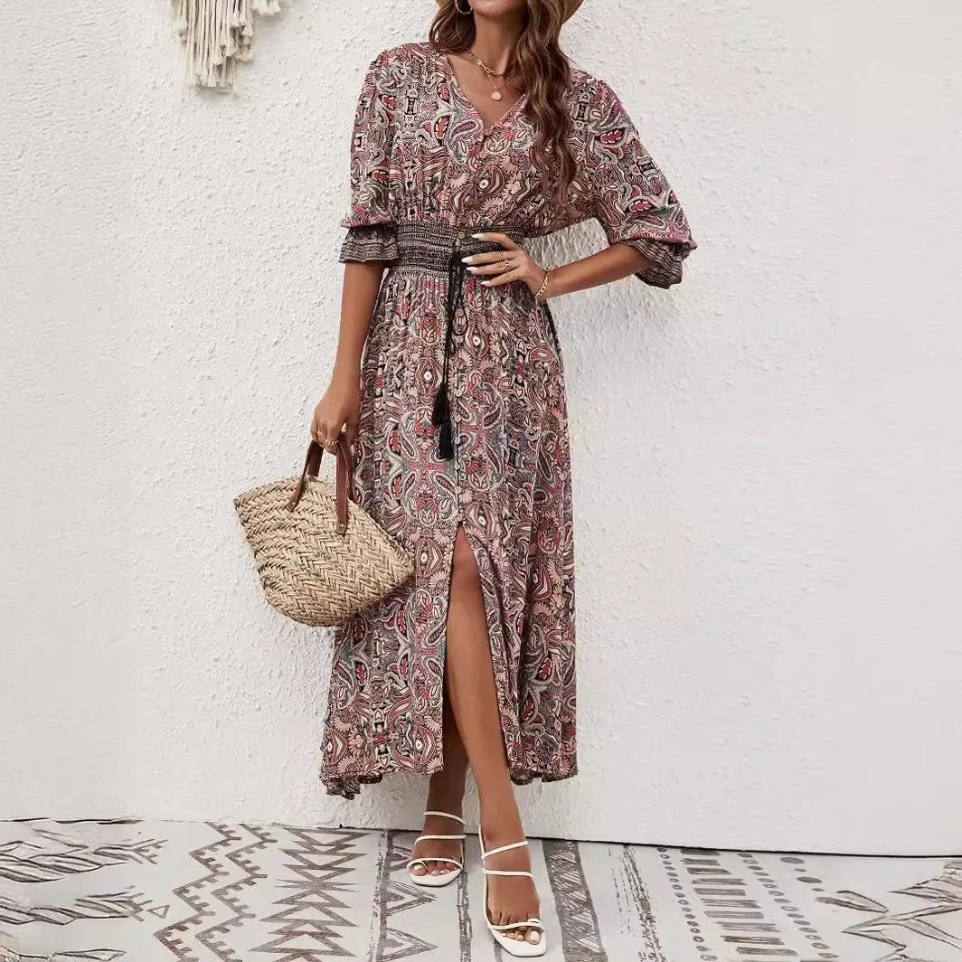 

Printed cropped sleeve waist bohemian dress holiday breasted beach skirt