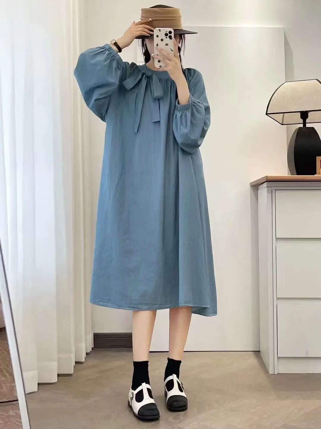 New 2026 Spring Women Long Sleeve Denim Dresses, Stand Bow Lace-up, Mori Girl Fashion Age Reduction Chic Loose Dress D63829CC