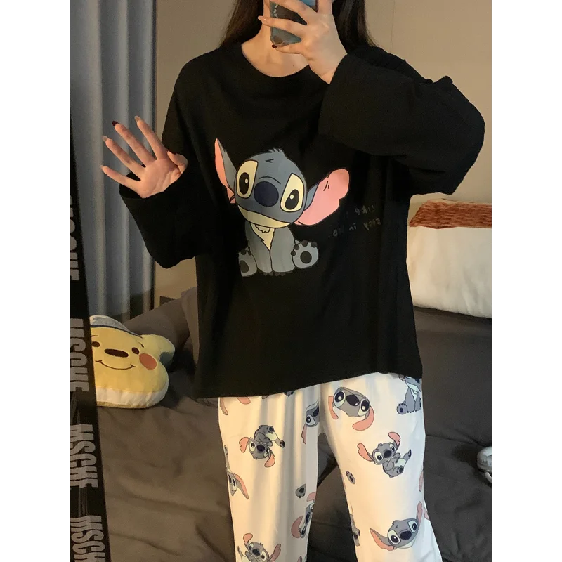 Disney pajamas women\'s new pullover pure cotton two-piece set women\'s clothing cartoon Disney women\'s pajamas Stitch loungewear