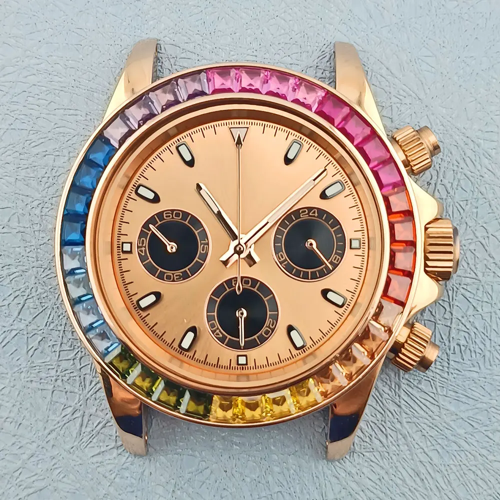 شعار مخصص 39.5 مللي متر الملونة الماس Lume كرونوغراف رجل ساعة ذهبية وردية تناسب VK سلسلة 63 ساعة يد تعمل بالحركة الكوارتز اكسسوارات