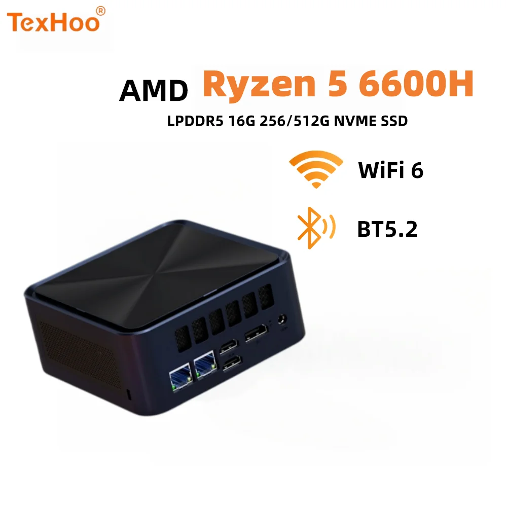 TexHoo MINI PC AMD R5 6600H 4.5GHz LPDDR5 16G NVMe 256/512G 4K Display*4 Wifi6 Desktop Gaming Computer Dual LAN Windows 11 Pro