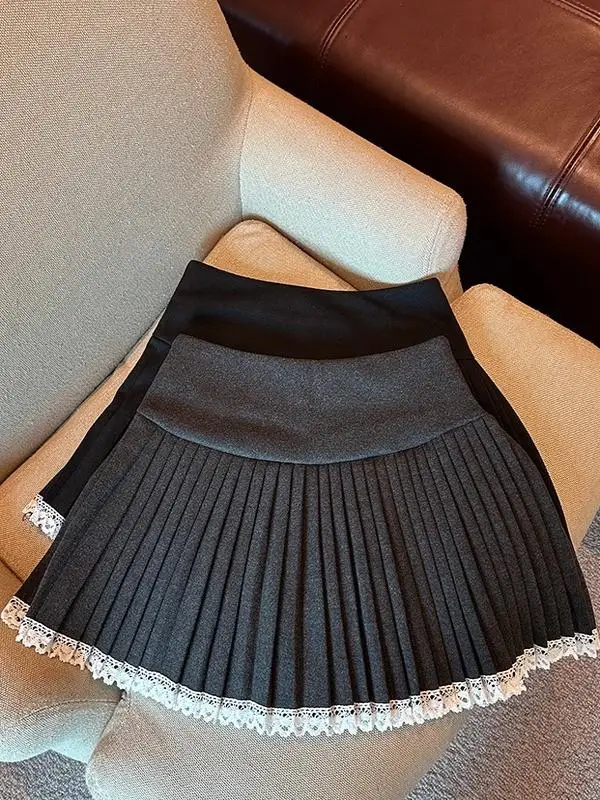 

Шерстяная юбка-шорты с кружевной отделкой и вставками для женщин больших размеров, весна-осень, с высокой талией, защита от просвечивания