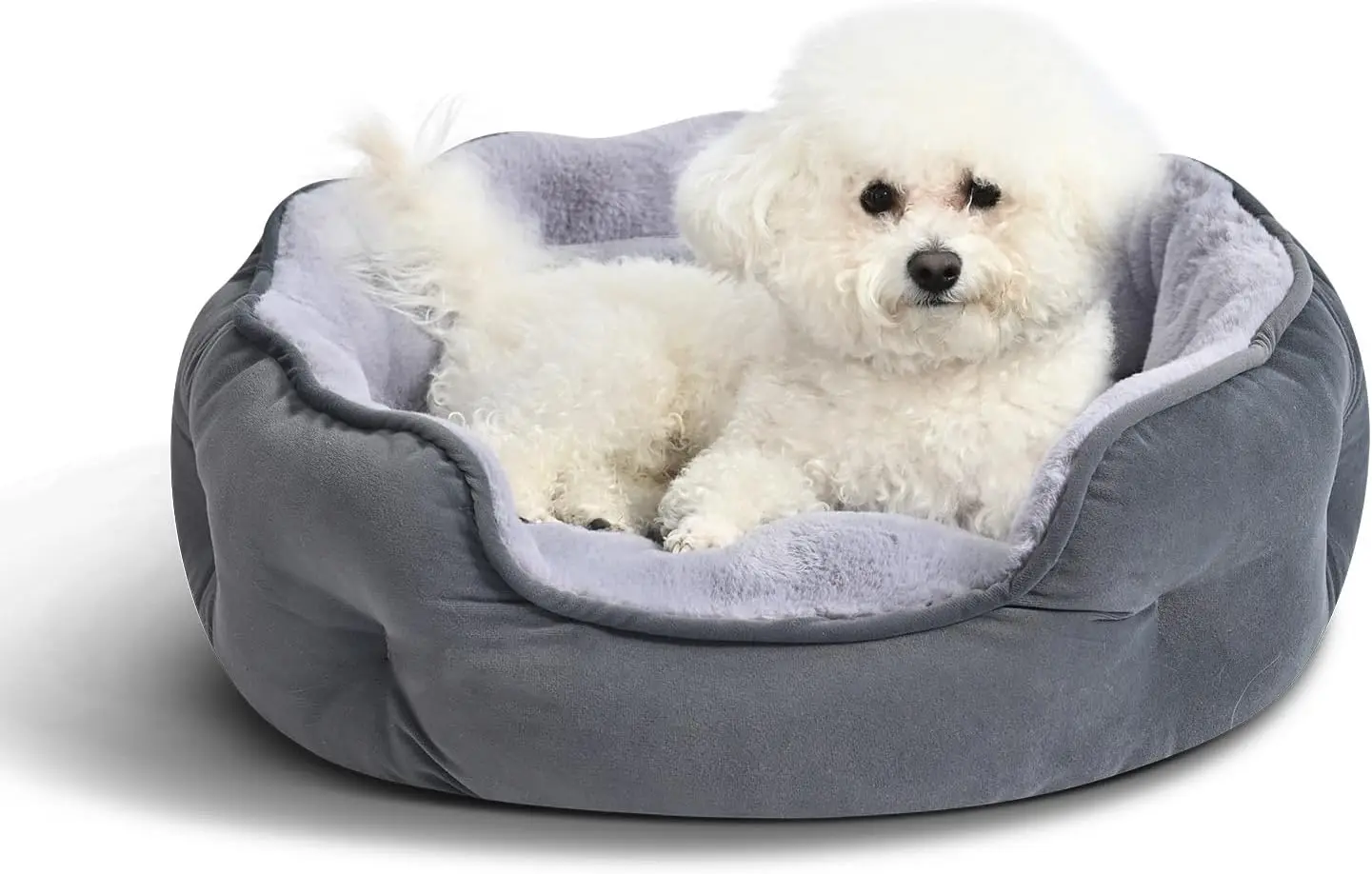 Round Pet Bed for Small Dogs and Cats, Washable Plush Cushion with Anti-Slip Bottom, Supportive Bolster, 20x19x6 Inches Gray