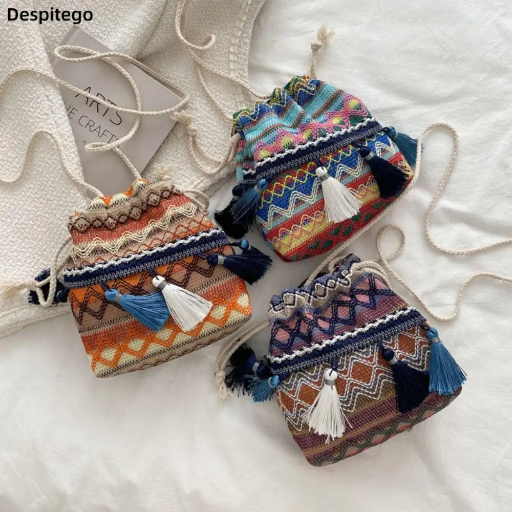 

Ethnic Style Vintage Embroidery Tassel Drawstring Bag Cloth Bucket Bag Crossbody Bags