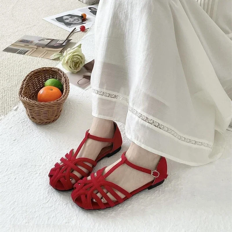

Shoes for Women 2025 Fashion Summer Buckle Strap Weave Hollow Out Women's Sandals Round Toe Flat Bottom Dress Sandals Women