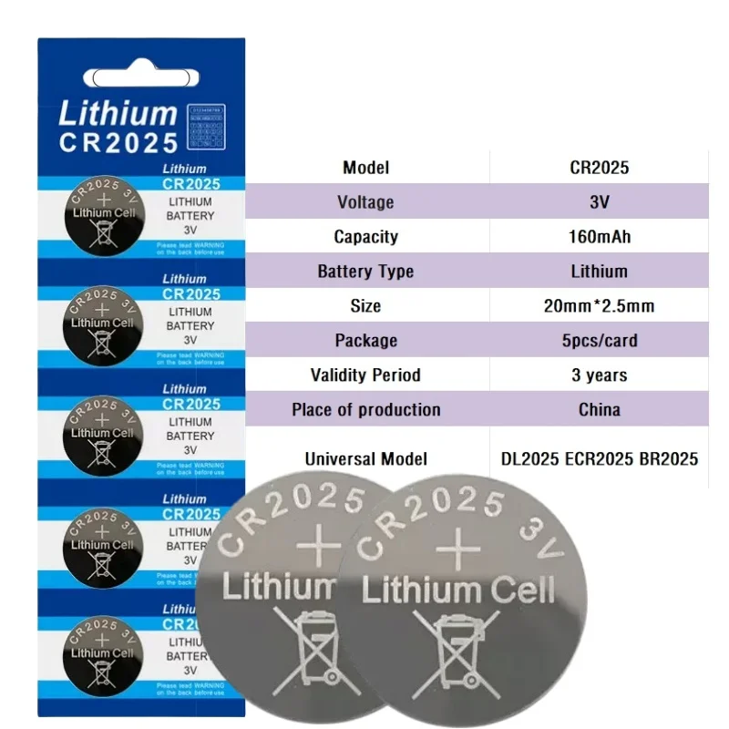 5-100PCS CR2025 Lithium Button Battery 3V 160mAh DL2025 BR2025 5003LC LM2025 Coin Cell Watch Batteries for Toys Clock Calculator