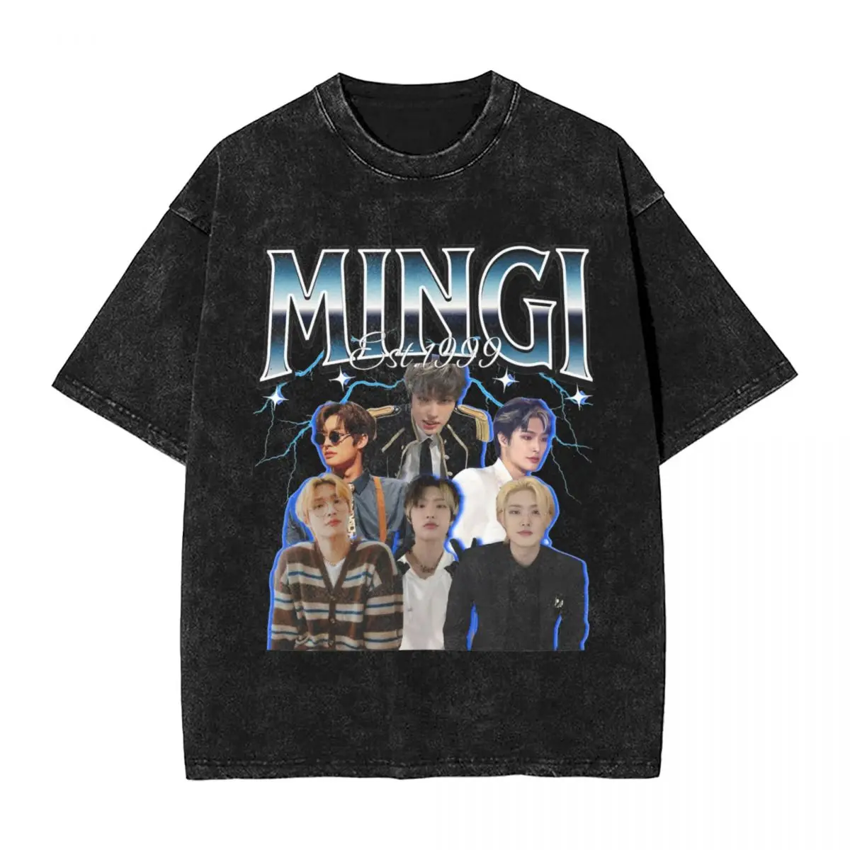 Mingi South Korean Singer Washed T Shirt Men Dancer Street Style Cotton T-Shirts Summer O Neck Harajuku Tees Big Size Clothes