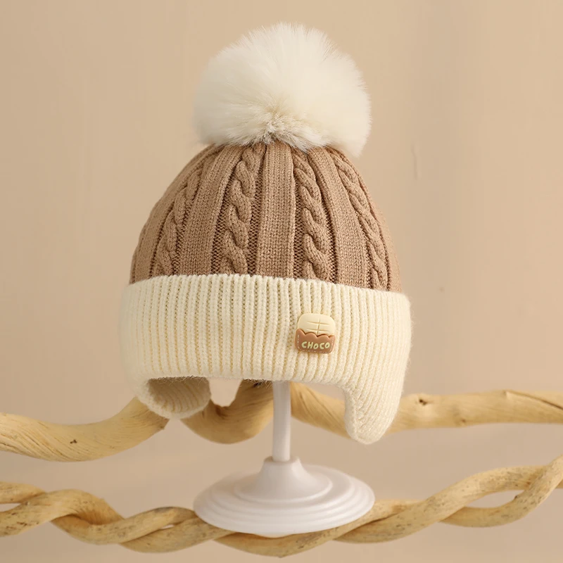 2024 Baby Warm Knitted Hats Winter Boys Girls Newborn Soft Lining Cute Earflap Beanie Hat Infant Toddler Outdoor Pompom Cap