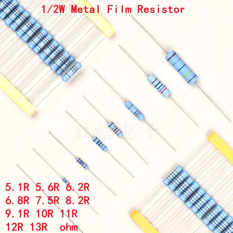 

50piece 1/2W Metal Film Resistor 1% 5.1R 5.6R 6.2R 6.8R 7.5R 8.2R 9.1R 10R 11R 12R 13R Ohm Accurate High Good Quality Ohms DIP