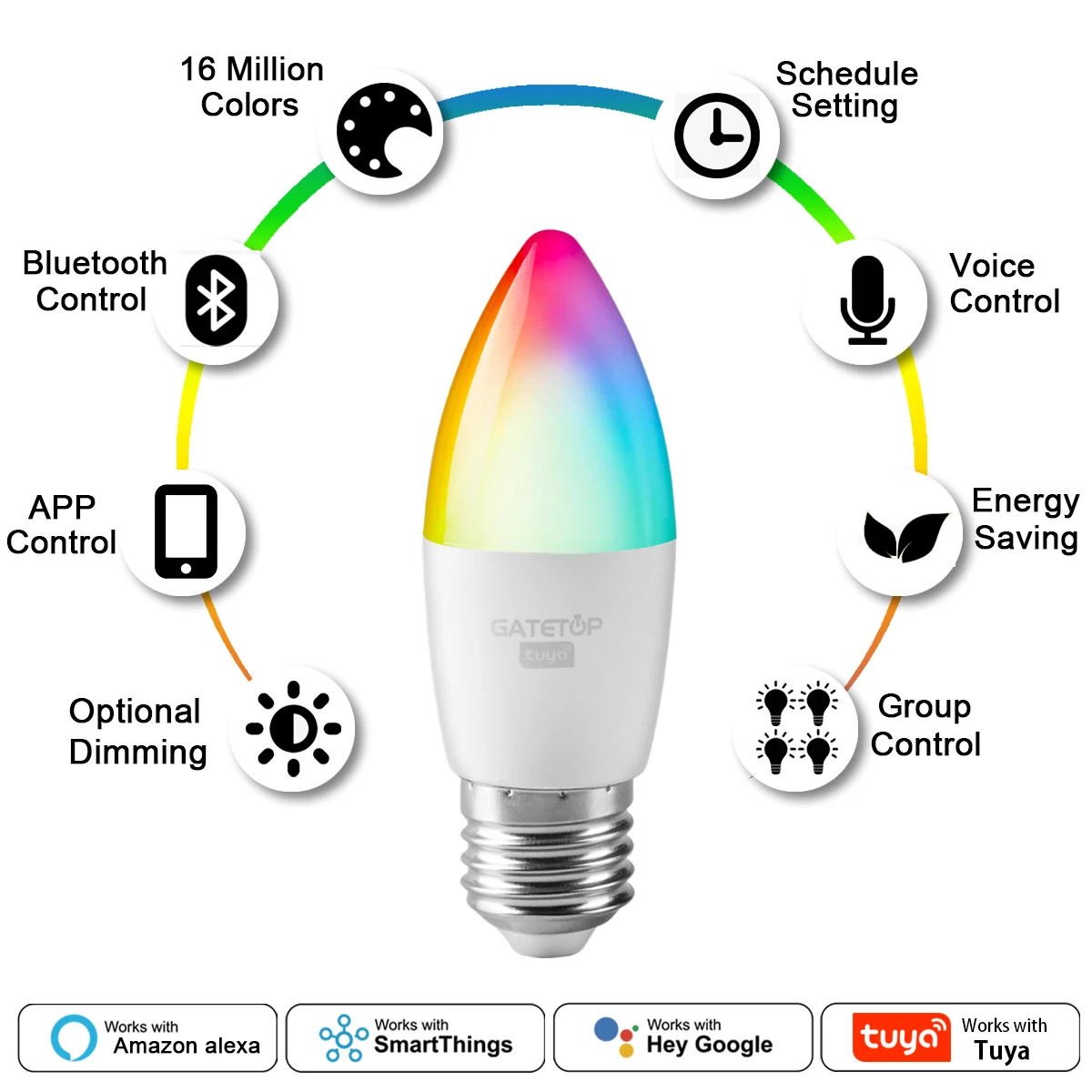 Imagem -03 - Inteligente Dimmable Led Lâmpada Mágica Lâmpada Tuya Rgb Luz Wifi Funciona com Alexa Google Home C37 E27 ac 110v 85v265v 6w