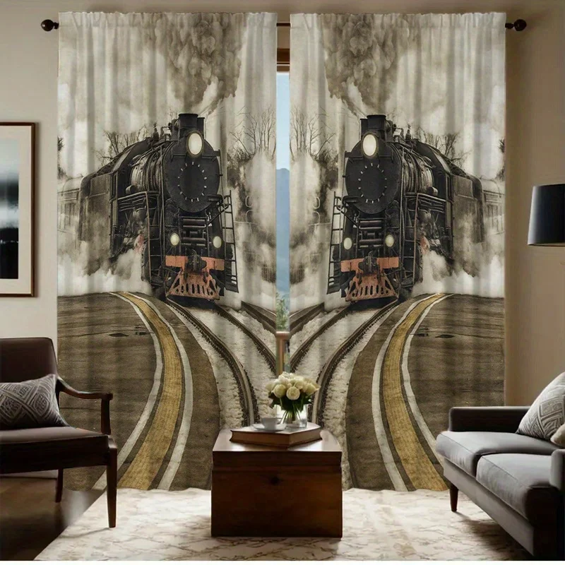 Vintage Train Curtain, Steam Locomotive Print Drapes, Retro Railway Window Curtains, Living Room Bedroom Decor