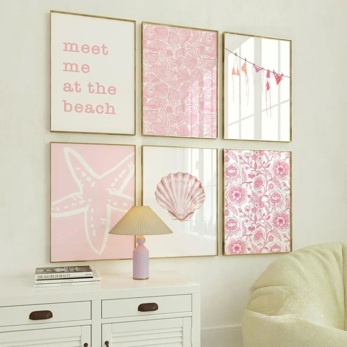 1/6 piezas de lienzo con cita de Pink Meet Me on The Beach, impresión de verano con diseño simple de conchas, estrellas de mar y bikini, póster artístico con temática costera para decoración del hogar