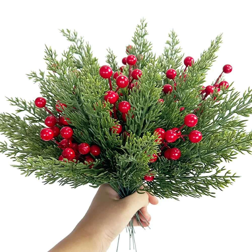20/40/68pcs Christmas Decorative Flowers Red Berry Stems Artificial Pine Branches Fake Green Plant Pine Leaf Picks DIY