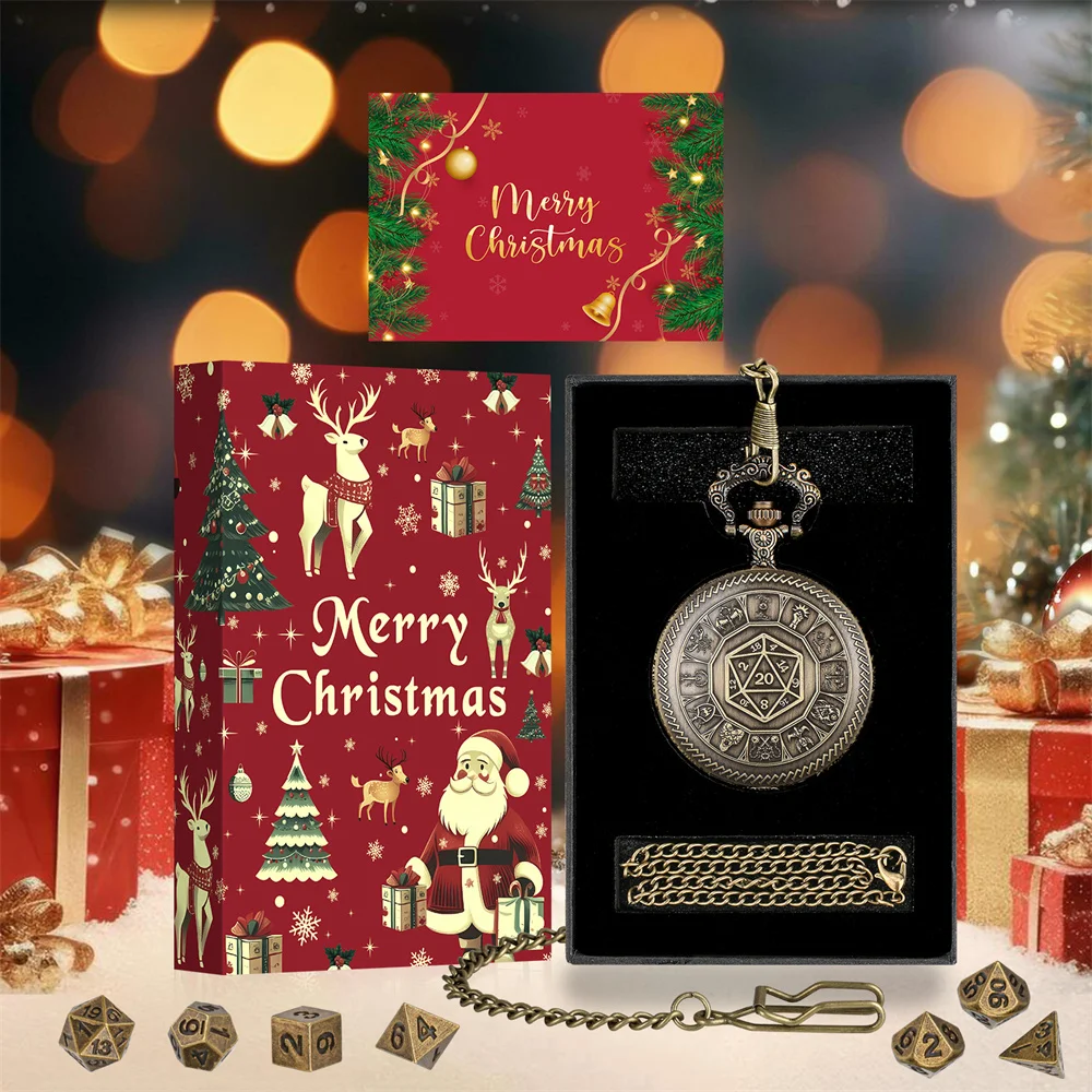 Novel Christmas Gift Pocket Watch Case with Pocket Chain Polygon Dice Decorated Pocket Clock Case Entertainment Mini Dices Set