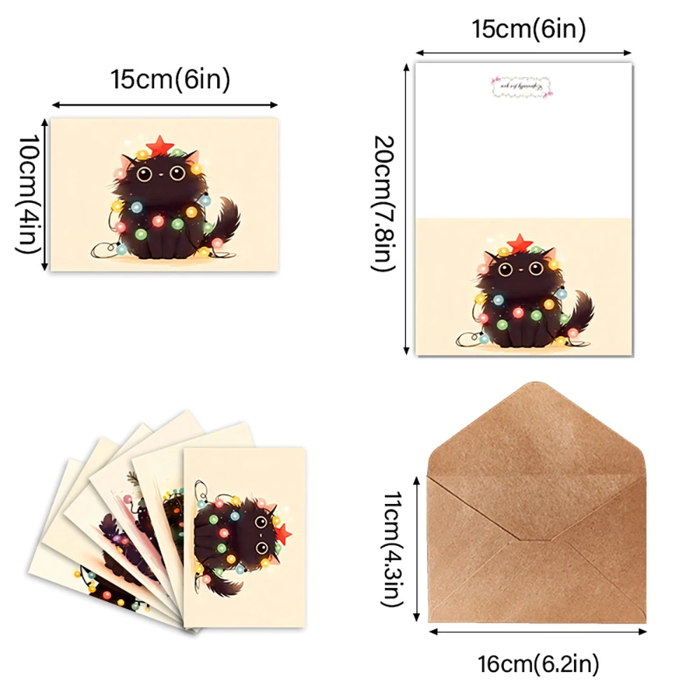 Cute Cat Card Cartoon Birthday Card Holiday Blessing Gift Card Christmas Gift (6 cards+6 envelopes)
