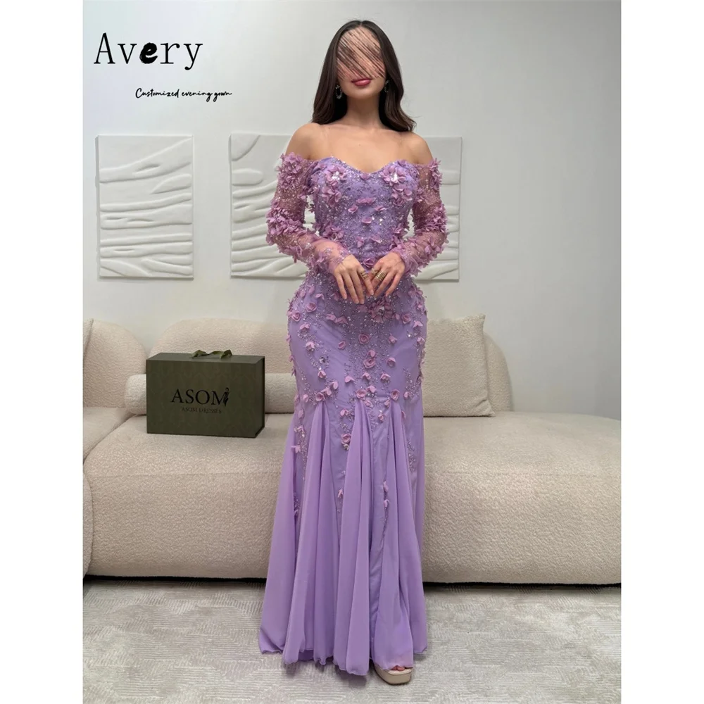 Avery personalizado fishtail 3d flor querida fora do ombro vestidos de noite femininos de luxo vestido de baile vestido de baile 2025