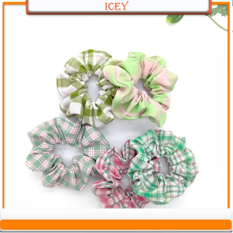 1pc Green Hair Ties Plaid Scrunchie Intestinal Ring Headbands Fabric Headwear Hair Accessories