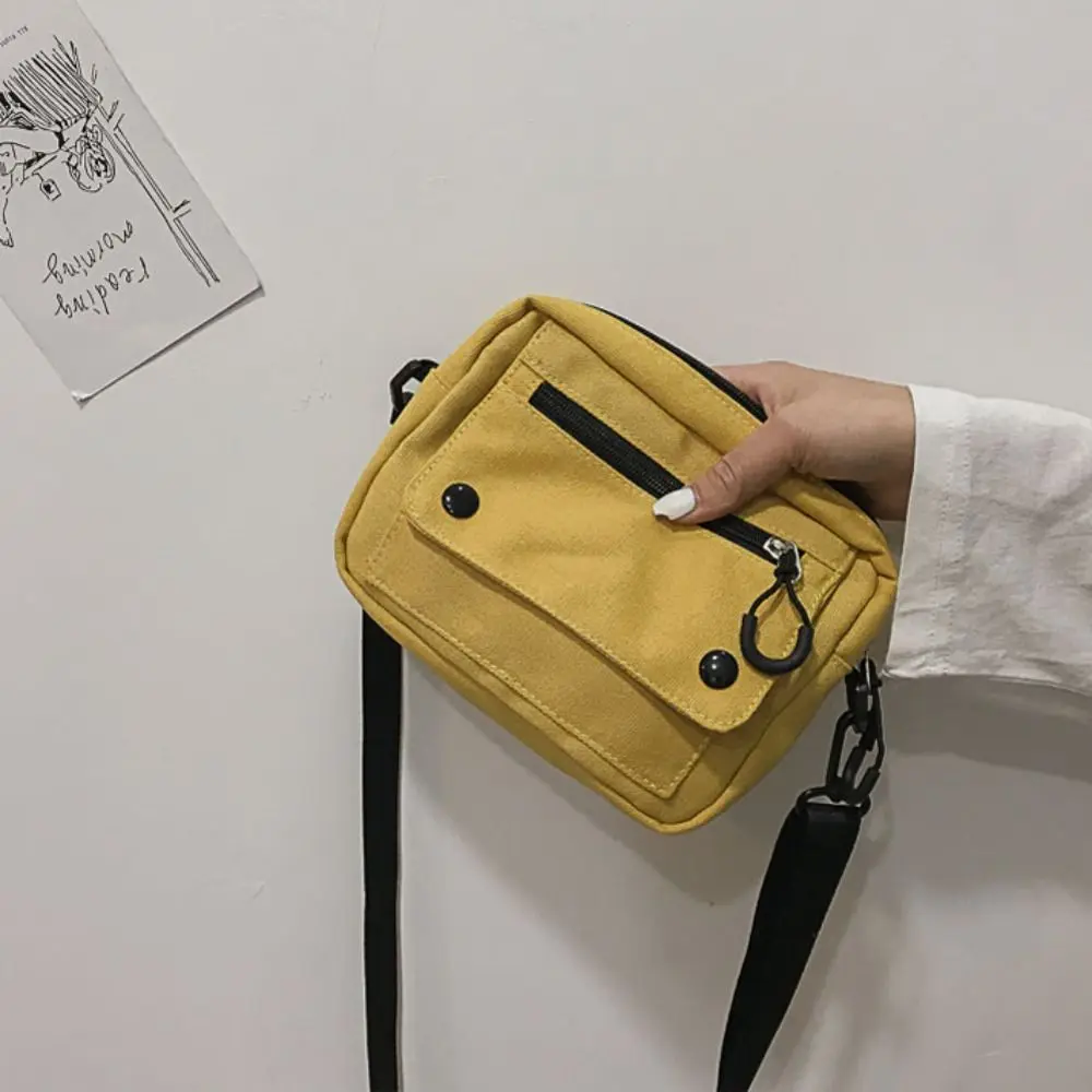 Fashion Pure Color Canvas Shoulder Bag Zipper Canvas Mobile Phone Bag Multifunctional Casual Tote Handbag Student