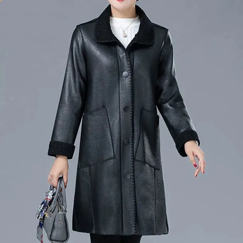 Autumn Winter Women\'s PU Leather Jacket New Middle-aged Mother Lined Lambwool Warm Leather Overcoat Female Windbreaker Coat 5XL