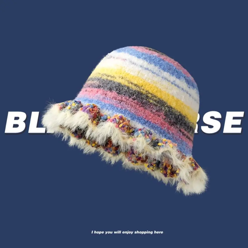 Dopamine Retro Rainbow Knitted Hat Gradient Striped Ruffle Ladies Knitted Hat Plush Warmth Bucket Hat Outdoor