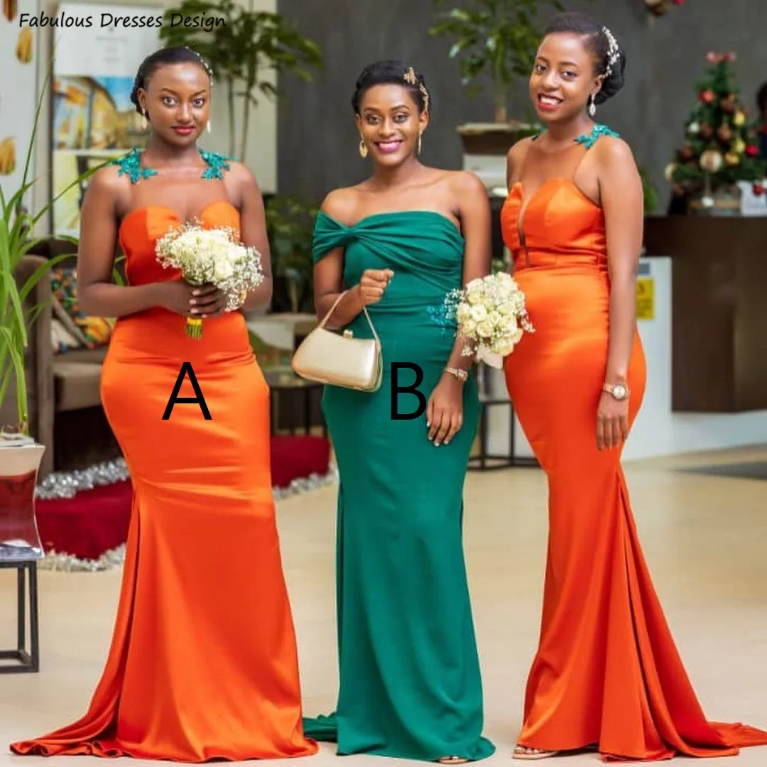 

Orange Long Mermaid Bridesmaid Dresses Applique Lace Sheer O-neck Wedding Guest Dress Party For African Women Maid Of Honor