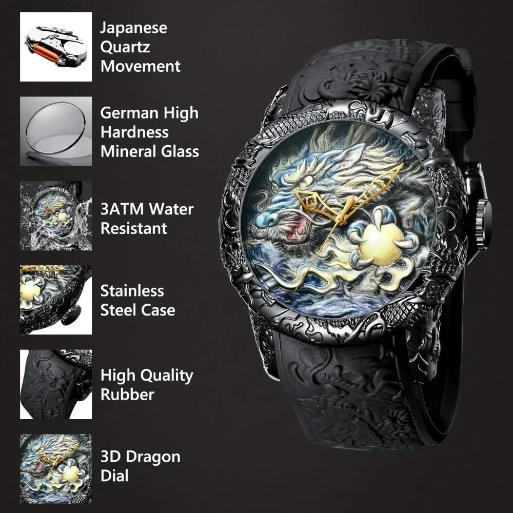 Mens Fashion Big Dial 3D Sculpture Dragon Watches Men Quartz Watches Luxury Exquisite Creative Wristwatch Male Clock Gifts