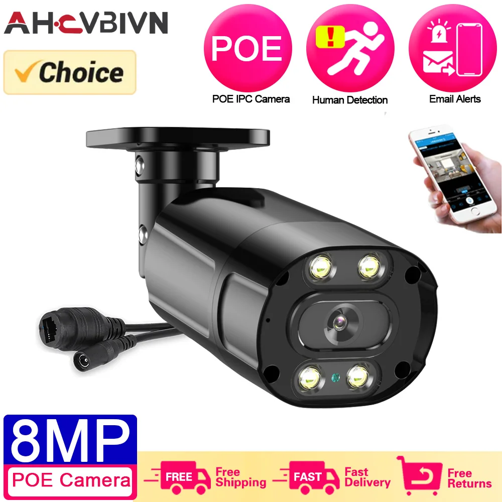 

8MP Full Color Night Vision 4K POE IP Camera Two Way Audio Outdoor Human Detection H.265 Black Bullet POE Video Surveillance Cam