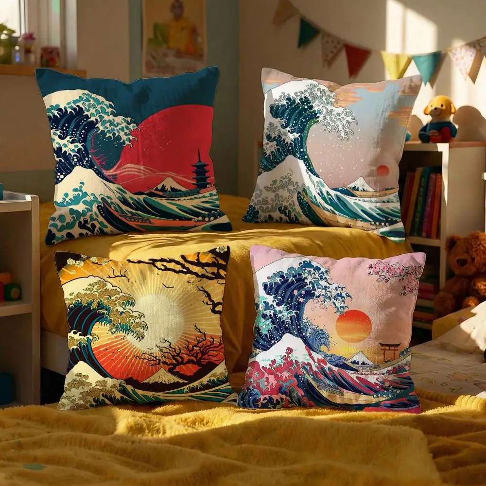 Muster: Japanische Wellen, Kissenbezug, dekorative Kissenbezüge, Sofa-Bezug, 50 x 50 cm, Kissen, 4-teilig, 45 x 45 cm, 40 x 40 cm, Kissenbezug