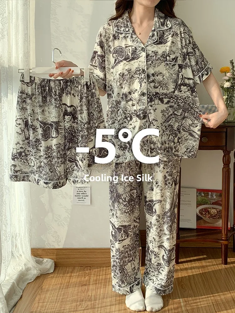 

Women's Summer Ice Silk Spwear Set ort Sve Long Pants Tee-Piece Home Clothes plus Size 200 Pou 300 Pou