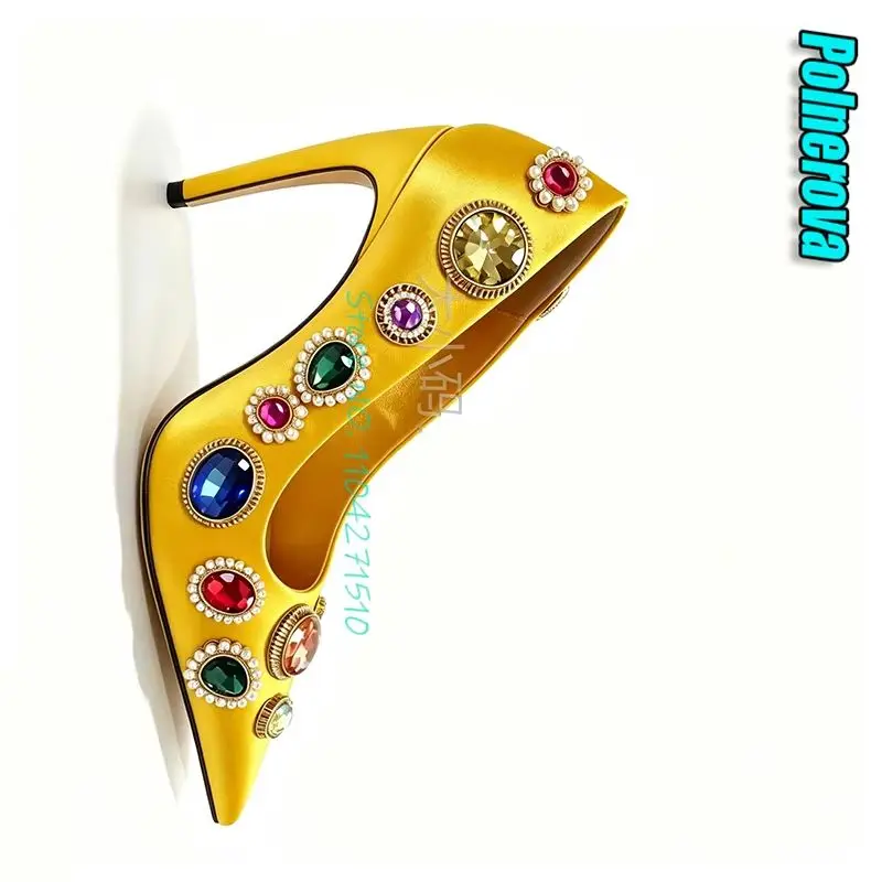 Luxury Gem Rhinestone Satin Curved Heel Pumps Solid Pointed Toe 9CM High Heels Sexy Women Banquet Party Dress Shoes Large Size