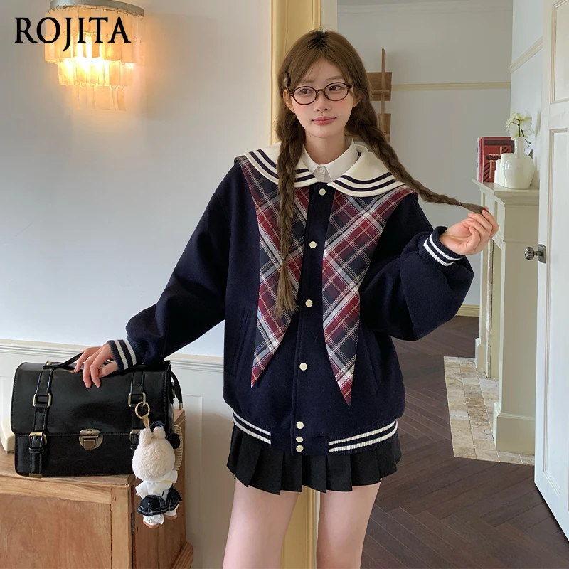 

JK College Style Baseball Jacket with Detachable Scarf Autumn Winter Loose Coat Long Sleeve Navy Collar Jacket for Women