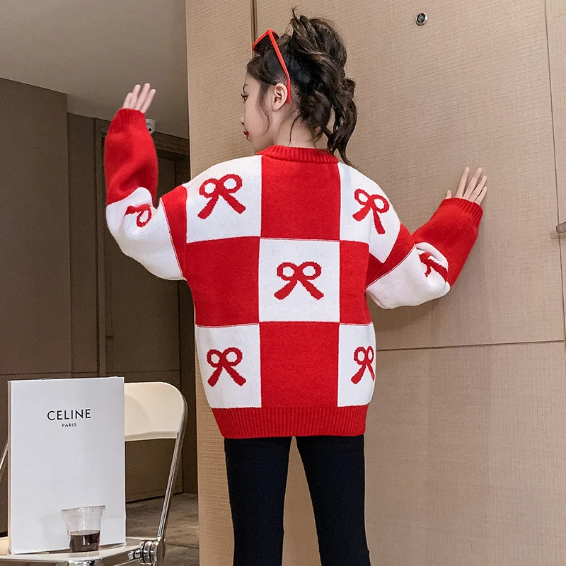 أنيقة الأطفال ربيع الخريف الأحمر منقوشة سترة مع الانحناء للفتيات تصميم الأزياء تريكو ملابس الاطفال عارضة تريكو 4-14Y