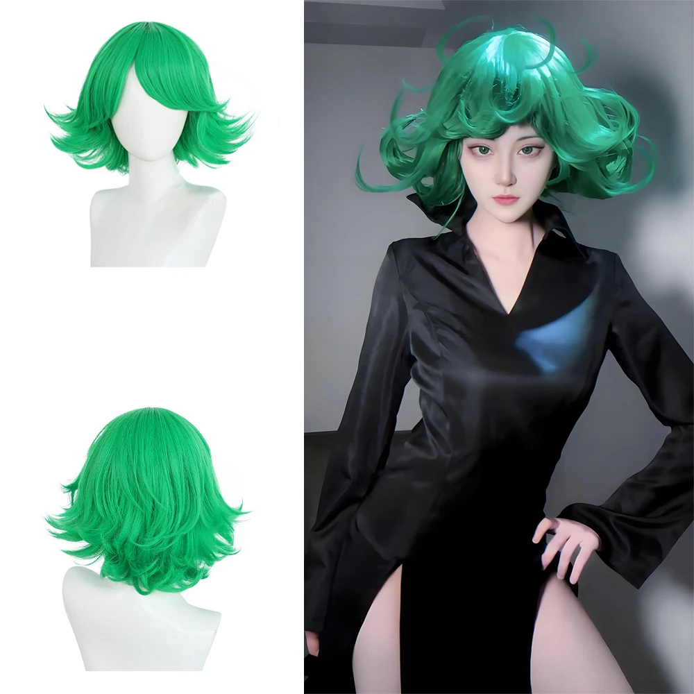

Anime One Punch Man‌‌ Tatsumaki Cosplay Synthetic Hair 12-Inch Green Upturned Short Curly Hair Halloween Daily Party Wig Natural