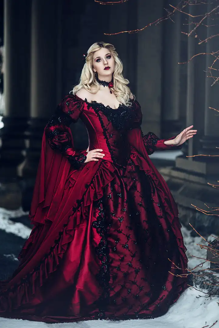 Vestido de novia gótico de la Bella Durmiente, princesa Medieval, rojo y negro, vestido de baile de novia, manga larga, Apliques de encaje, vestidos victorianos