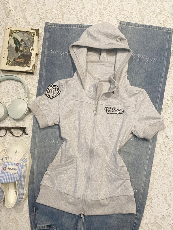 

Original Grey Patchwork Embroidery Hoodie Jacket Women's Early Autumn Vintage Vintage Casual Style Breathable Cotton Short Sl...