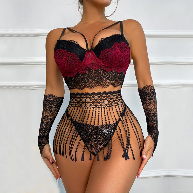 

Women's Sexy Strappy Tassel Floral Lace Bra Panty Mini G-string Gloves 4 Piece Babydoll Underwire Padded Push Up Lingerie Set