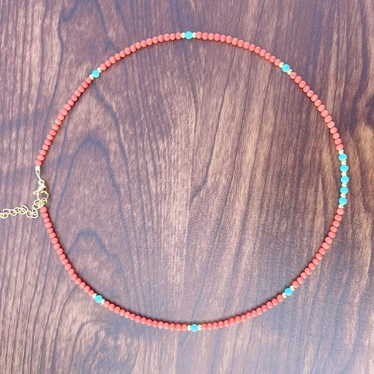 Extremely Small and Exquisite 2mm Bead Design Natural Red Coral Necklace Paired with Turquoise Collarbone Chain Extension Chain