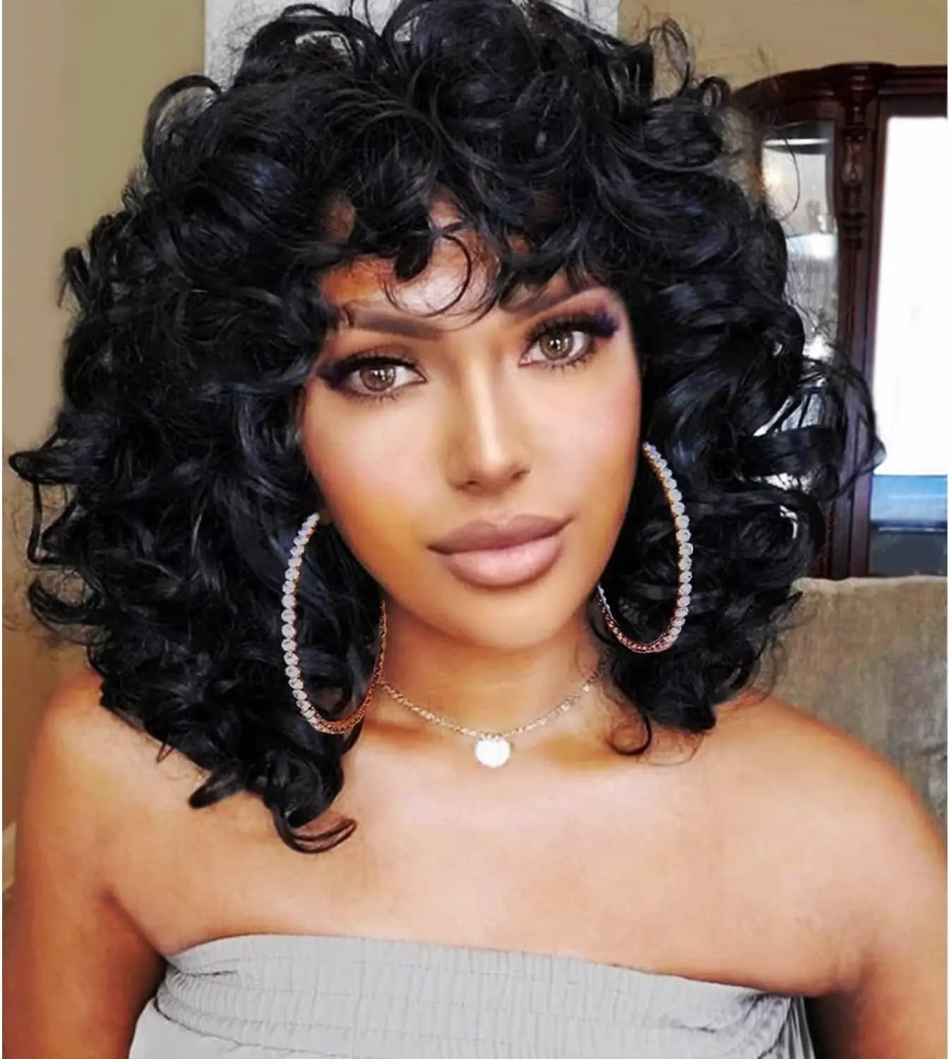 

Short Curly Wigs for Black Women Afro Big Curly Wig with Bangs Black Soft Bouncy Fluffy Heat Resistant Synthetic for Daily Party