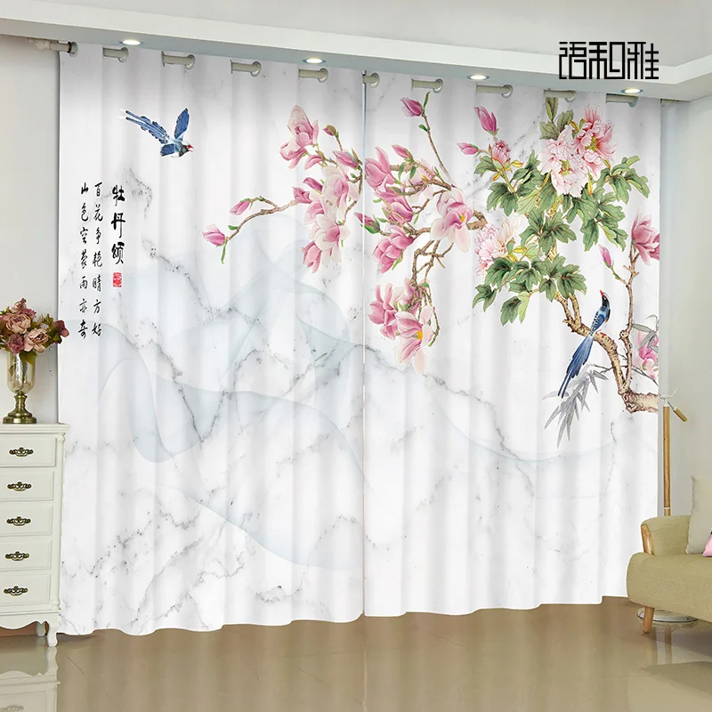 

2 panel New Chinese Curtain Flower Bird Landscape Painting Printed Curtain for Bedroom Living Room Kitchen Window cortinas