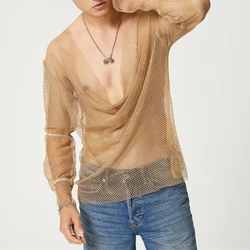 Mens Sexy See-Through Mesh Long-Sleeve Top 2024 New Genderless Nightclub Individuality Irregular Thin Low-Cut T-Shirt Unisex