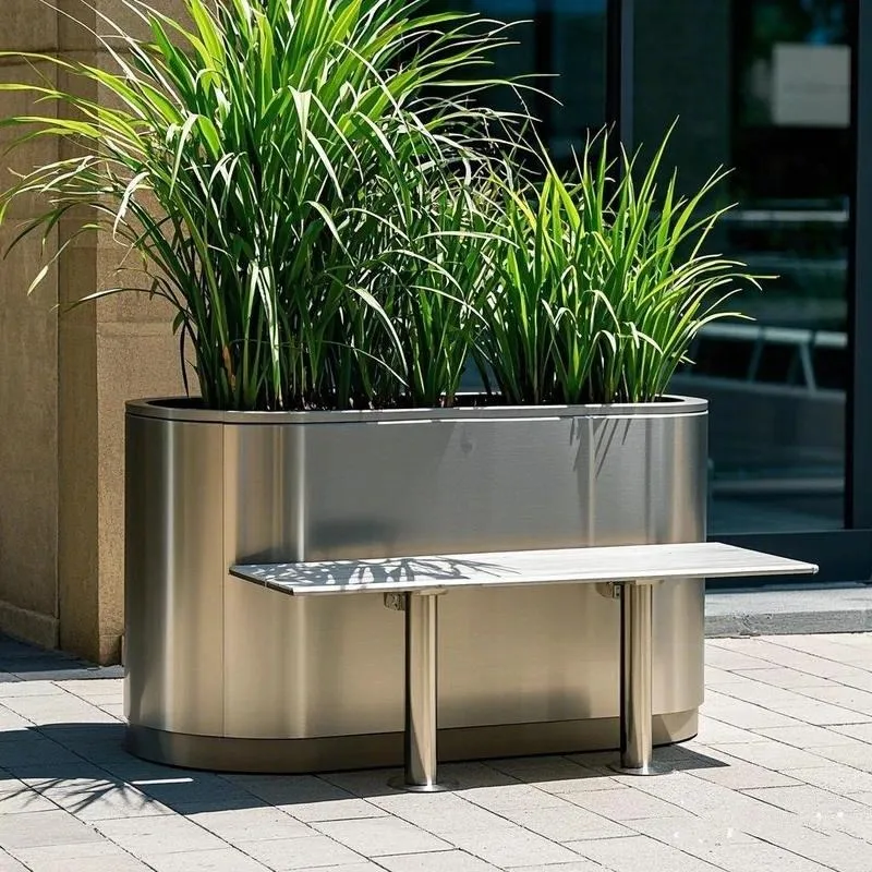 SCY outdoor stainless steel flower box street cafe two ends round silver flower slot rectangular oval flower pot
